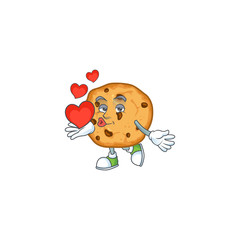 A sweetie chocolate chips cookies cartoon character holding a heart