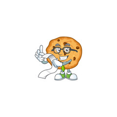 A funny face character of chocolate chips cookies holding a menu