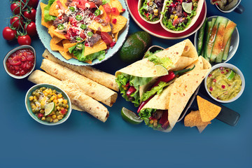 Mexican food mix on blue background