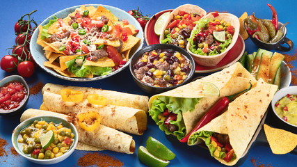 Mexican food mix on blue background