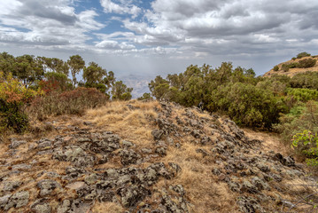 Landscape of beautiful Semien or Simien Mountains National Park landscape in Northern Ethiopia. Africa wilderness. Mountain hiking concept.