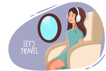 girl in headphones woman relax with in thje plane. Concept people on vacation, journey, trip, flight. Vector illustration. woman travel by airplane. Vector flat cartoon illustration.