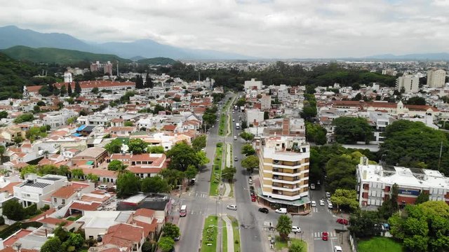 Aeria panoramic view of Salta, Argentina. Drone flying over Bicentenario de la Batalla de Salta street