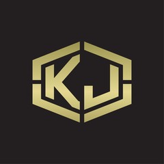 KJ Logo monogram with hexagon shape and piece line rounded design tamplate on gold colors