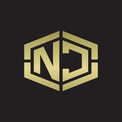 NC Logo monogram with hexagon shape and piece line rounded design tamplate on gold colors