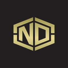 ND Logo monogram with hexagon shape and piece line rounded design tamplate on gold colors