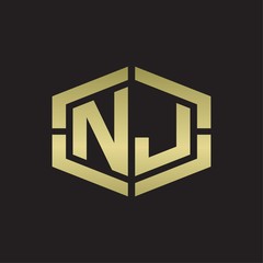 NJ Logo monogram with hexagon shape and piece line rounded design tamplate on gold colors