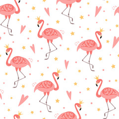 Flamingo crown seamless pattern template. Pink flamingo for girls party, girly design, vector
