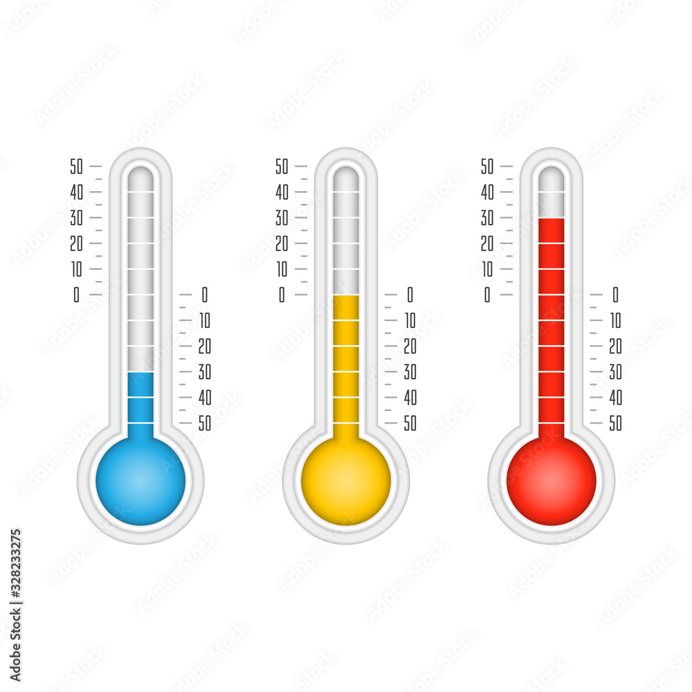 Poster temperature icons set in flat style. simple meteorology thermometers measuring heat and cold isolate