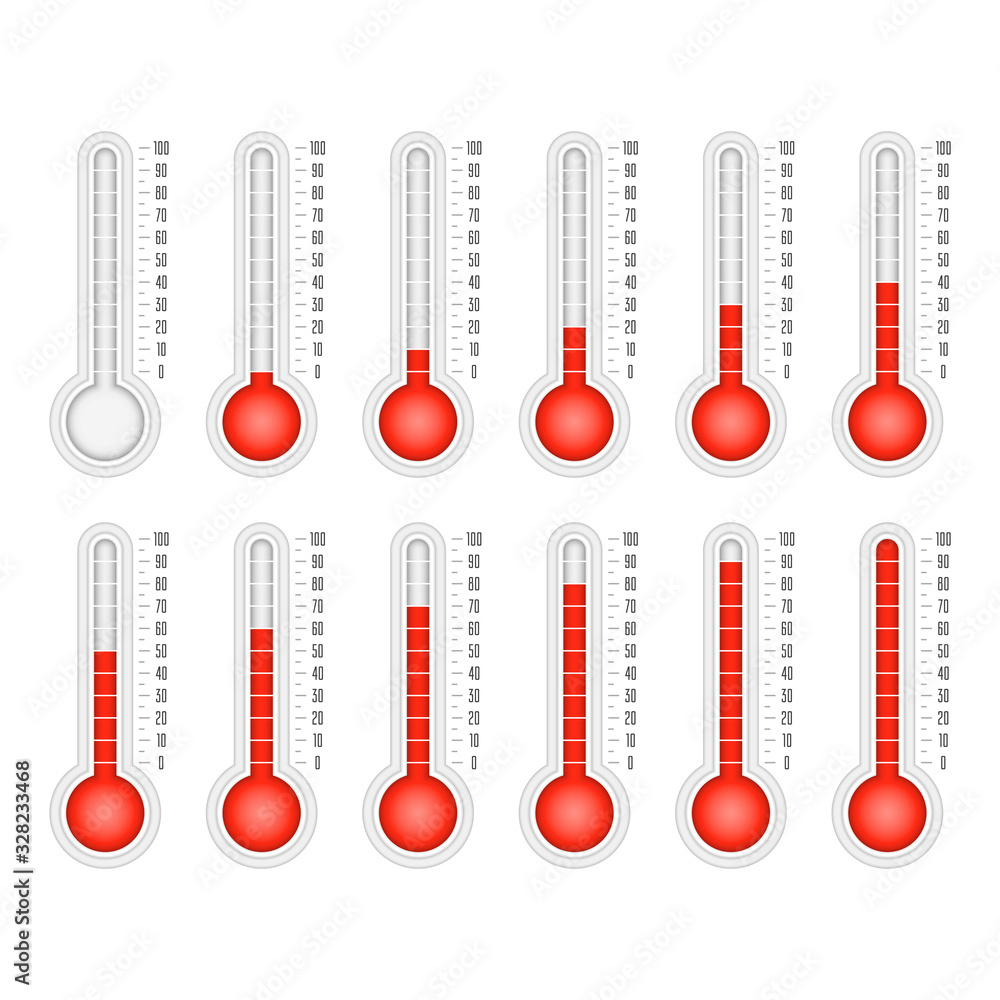 Poster illustration of red thermometers with different levels. temperature icons set in flat style. vector 