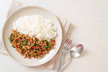 Stir fried Thai basil with minced pork on topped rice