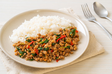Stir fried Thai basil with minced pork on topped rice