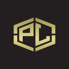 PL Logo monogram with hexagon shape and piece line rounded design tamplate on gold colors