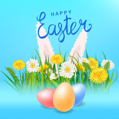 Happy Easter Eaggs lettering template banner dandelions and bunny ears daisies, grass, floral background