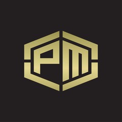 PM Logo monogram with hexagon shape and piece line rounded design tamplate on gold colors