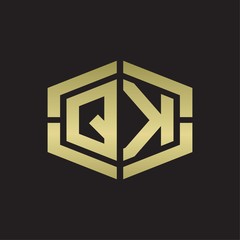 QK Logo monogram with hexagon shape and piece line rounded design tamplate on gold colors