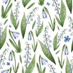 Watercolor botanical seamless pattern with gentle blue flowers. Background with snowdrops and lily of the valley. Texture for covers, textile, wrapping, wallpaper, baby fabric, invitation.