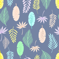 Leaves seamless pattern on blue background.