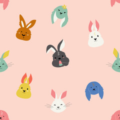 Easter seamless pattern with cute smiling rabbits