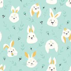 Easter seamless pattern with cute smiling rabbits