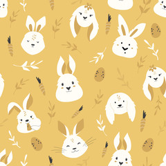 Easter seamless pattern with cute smiling rabbits