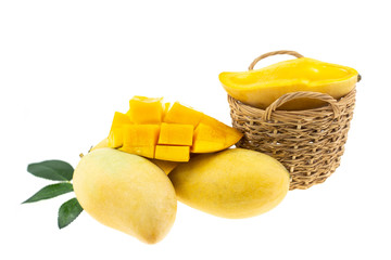 Yellow mango and mango slice isolated white background.