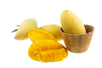 Yellow mango and mango slice isolated white background.