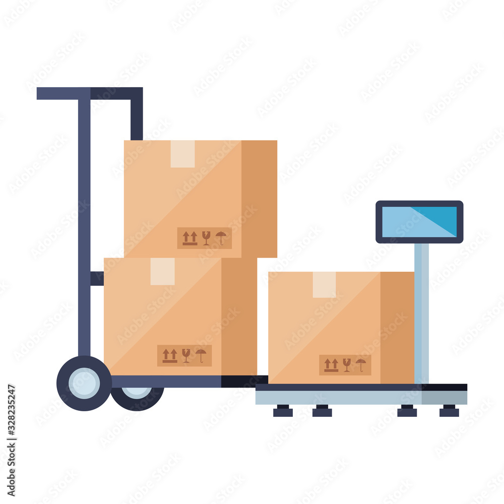 Sticker boxes over cart and scale vector design