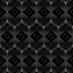 Seamless modern pattern. In vintage art deco style. Isolated gradient lines of heart elements on black background. Trend 2020. For backgrounds, fills, packaging, wallpaper design, print etc.