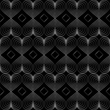 Seamless modern pattern. In vintage art deco style. Isolated gradient lines of heart elements on black background. Trend 2020. For backgrounds, fills, packaging, wallpaper design, print etc.