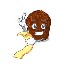 A funny cartoon character of chocolate candy holding a menu