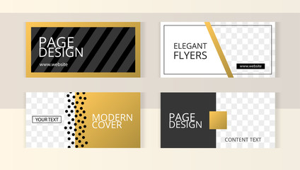 Trendy editable set horizontal banner templates with frame for images. Elegant modern style with gold elements.