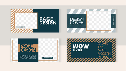 Trendy editable set horizontal banner templates with frame for images. Modern dark style with brown stripes.