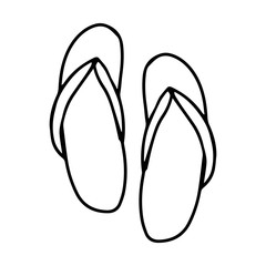 A pair of summer flip flops for the sauna, bathhouse and beach. Black and white vector illustration in doodle style. Summer shoes. Simple outline drawing by hand and isolated on a white background.