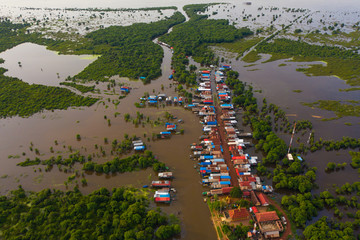 Flooded village and forest, Kompong Phluk, Tonle Sap, Siem Reap, Cambodia.