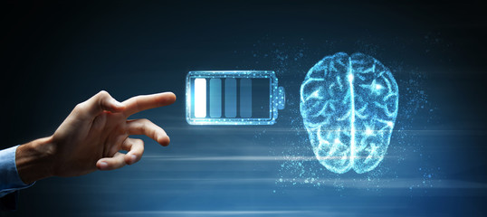 Human head with gear and battery charging business process brainstorming