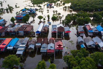 Fototapeta na wymiar Flooded village and forest, Kompong Phluk, Tonle Sap, Siem Reap, Cambodia.