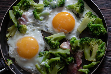 Fried eggs with broccoli and bacon, top view