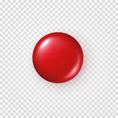 Red plastic button isolated on transparent background. Vector blank badge, label, pin brooch mockup. 3d circle shape magnet, round tag, metal disc..