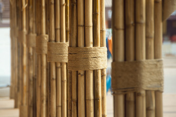 Many bamboo bindings are tied together with hemp ropes to be used as pole for resting cottage.