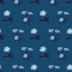 Rows of blue wild flowers seamless vector pattern on a navy background. Decorative surface print design. Botanical illustration.