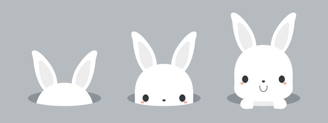 Cute white bunny rabbit appearing from hole. Flat vector illustration.