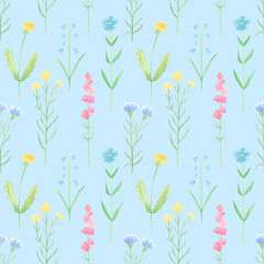 Wildflowers watercolor seamless pattern on blue background. Hand drawn wild flowers background. Perfect for summer fabric, textile, covers. Vintage botanical pattern. Retro flowers. 