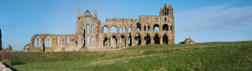 Naklejka premium Ancient abbey ruins with gothic architecture in rural landscape