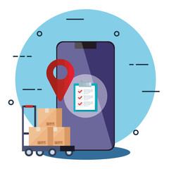 smartphone gps mark list document and boxes design, Delivery logistics transportation shipping service warehouse industry and global theme Vector illustration