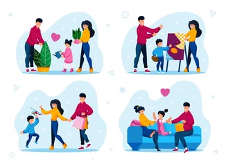 Happy Family Home Routines, Parenthood Activities Trendy Flat Vector Set. Parents with Children Watering Plants, Learning to Draw, Shopping on Sale, Resting Together at Home Isolated Illustrations