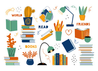 Literary fans. Set of different subjects on the topic of literature and reading. Books, textbooks, indoor plants, a table lamp, a bag of books, a mug of tea or coffee. Hand drawn vector illustration.