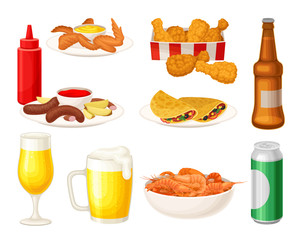 Beer Poured in Bottle and Mugs and Snacks in Bowls Vector Set