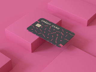 pink background 3d render black credit card business concept