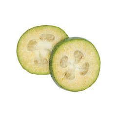 Green feijoa fruits isolated on white background. Scientific name Acca sellowiana. Top view. Healthy and balanced diet eating concept. Fresh fruits concept.